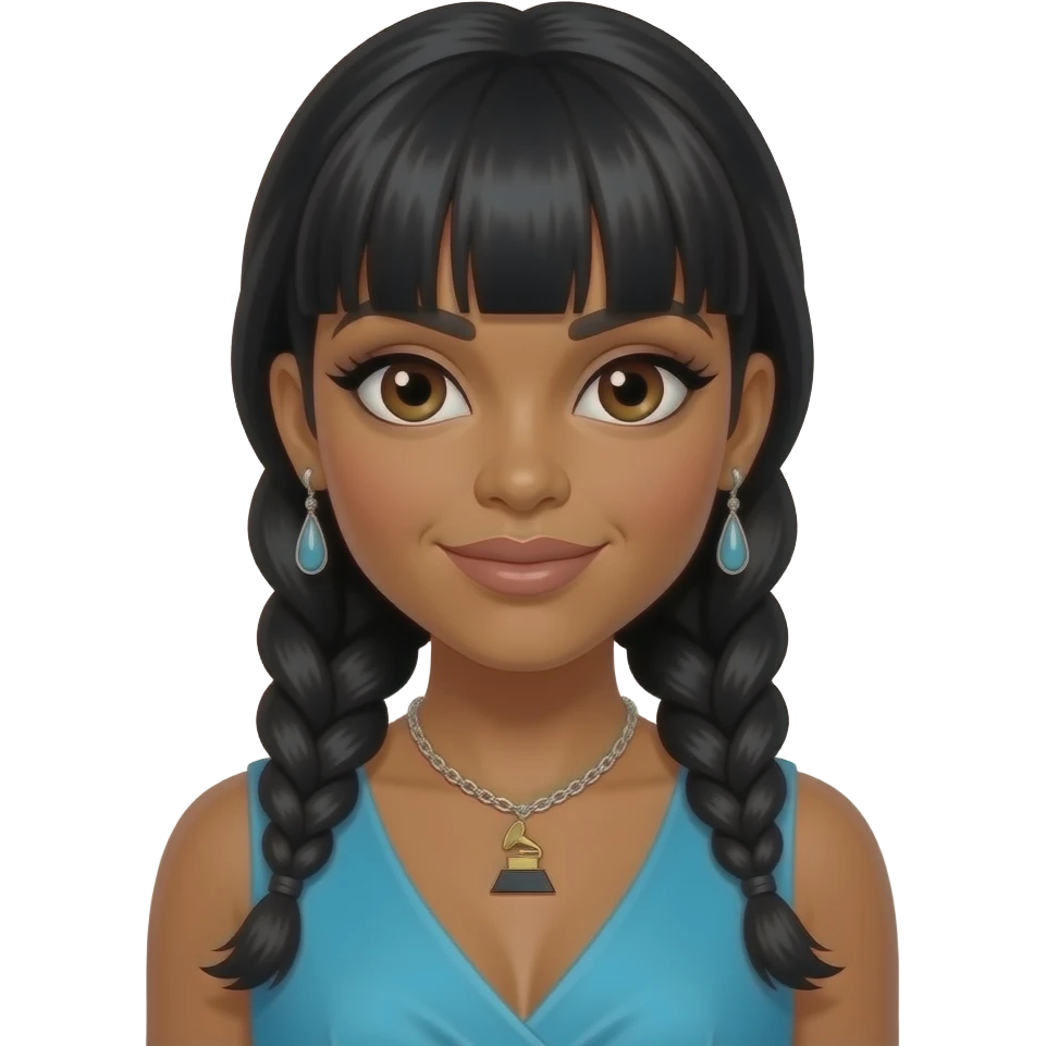Lisa Left Eye Lopes from TLC with light brown skin, dark brown eyes, black high braided hair with bang, azure grammy dress, necklace and earrings emoji