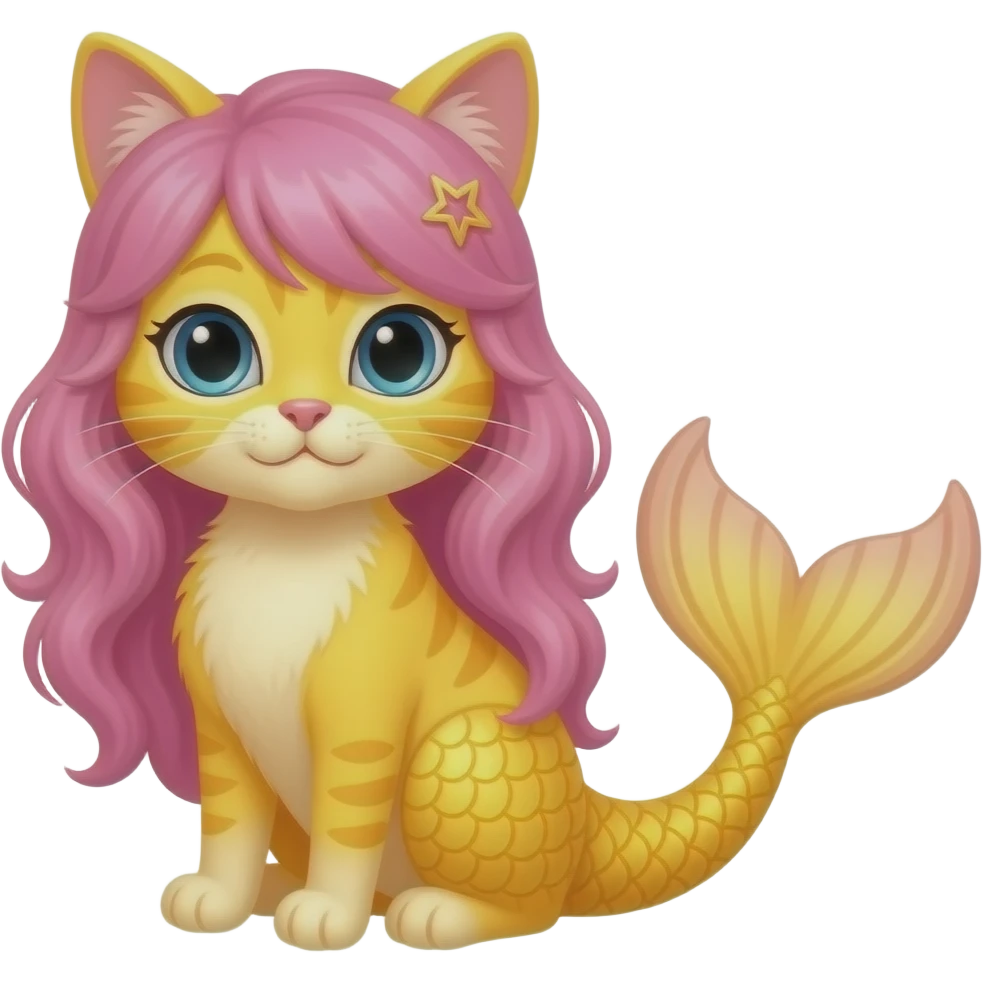 Yellow mermaid cat  with  pink hair long light pink fins and yellow mermaid tail emoji