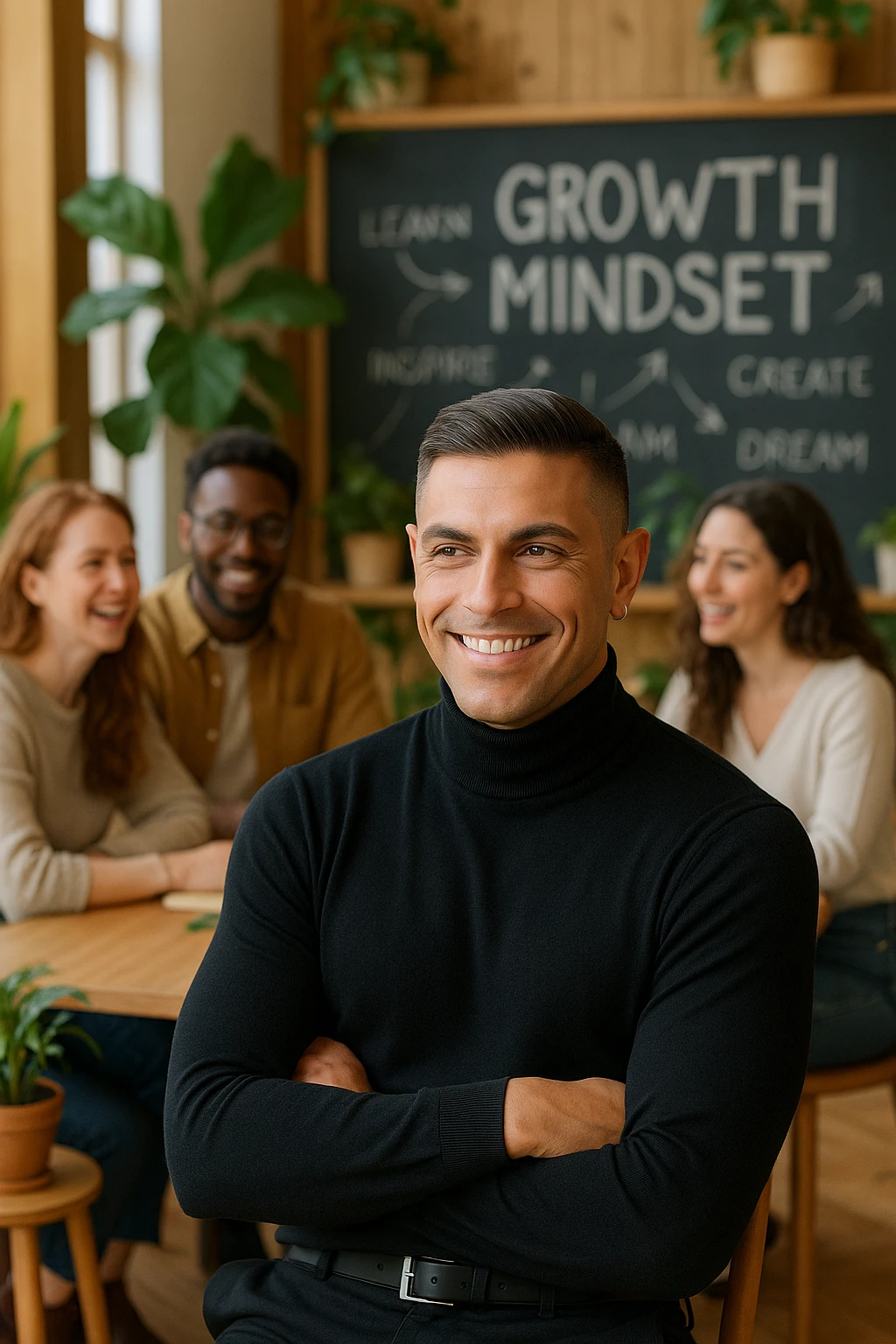 A confident man sitting in a cozy, modern coworking space, surrounded by positive, driven people engaged in creative conversation. He listens, learns, and occasionally smiles, visibly elevated by their presence. Behind him, a chalkboard or whiteboard with empowering words and ideas. The environment is filled with natural light, plants, and soft wooden textures. The atmosphere suggests emotional growth, support, and personal development. emoji