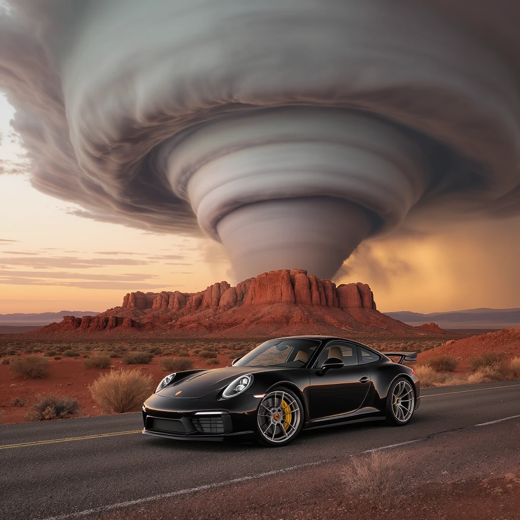 A modern desert mountain, wallpaper, modern, porsche 911, sunset, arizona desert, tornado in background emoji