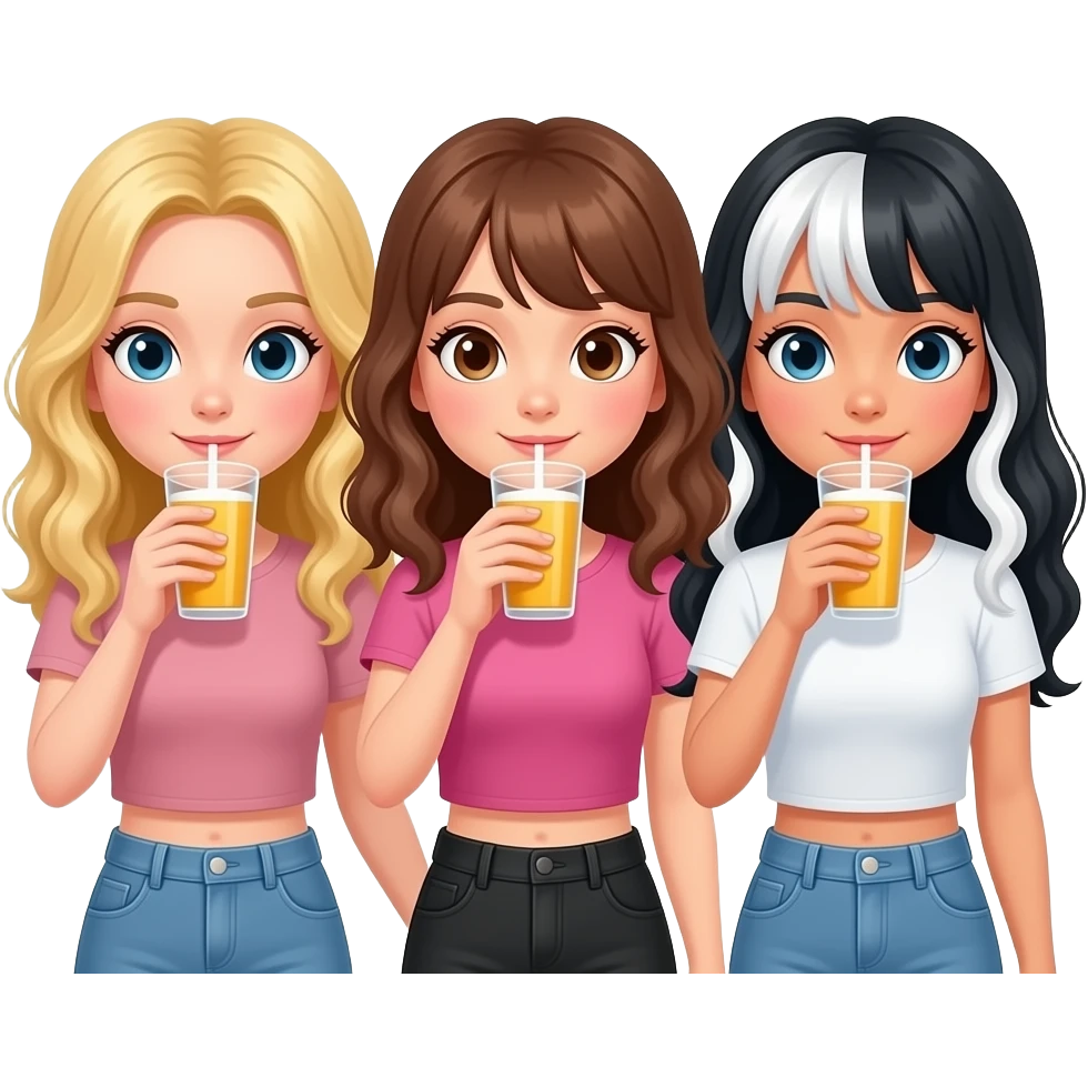 Three girls drinking. One blonde hair, one brunette hair, and one with black hair and white highlights in hair emoji