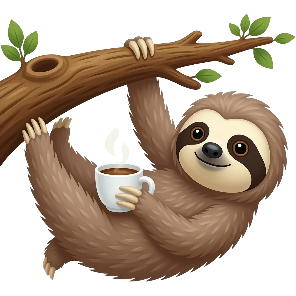 sloth morning coffee big tree branch hanging long arm long legs emoji
