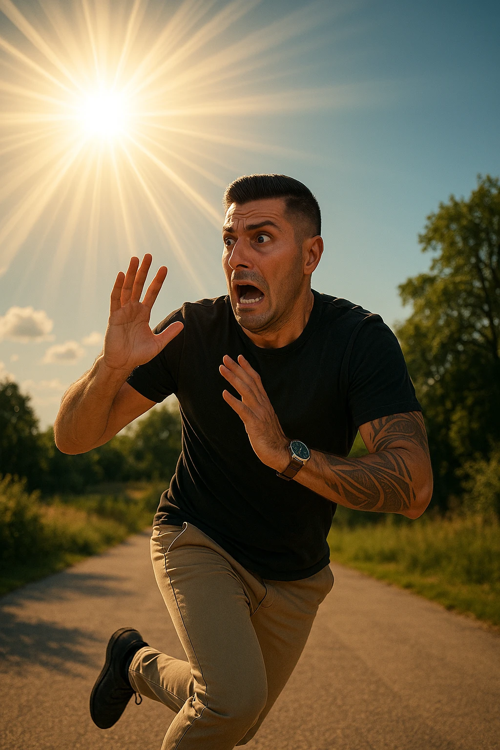 Uomo che corre via dal sole spaventato perchè pensa sia nocivo realistica emoji