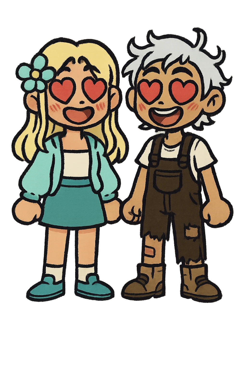 Create a couple image of these two cartoon characters standing side by side, both with heart eyes and big smiles, matching their style, transparent background. emoji