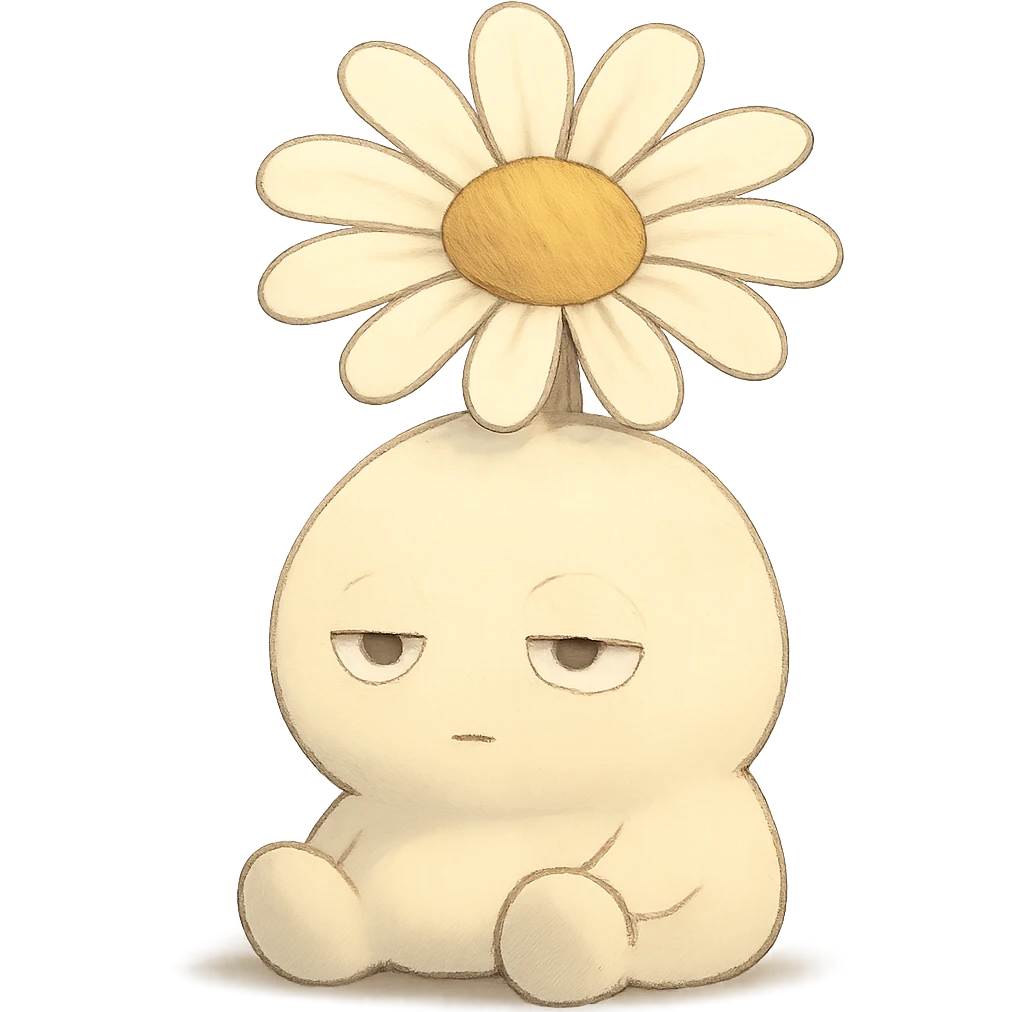 creamy white daisy flower with sleepy half-lidded eyes, sitting down with a blank stare, extremely soft round pastel character, soft Ghibli style emoji