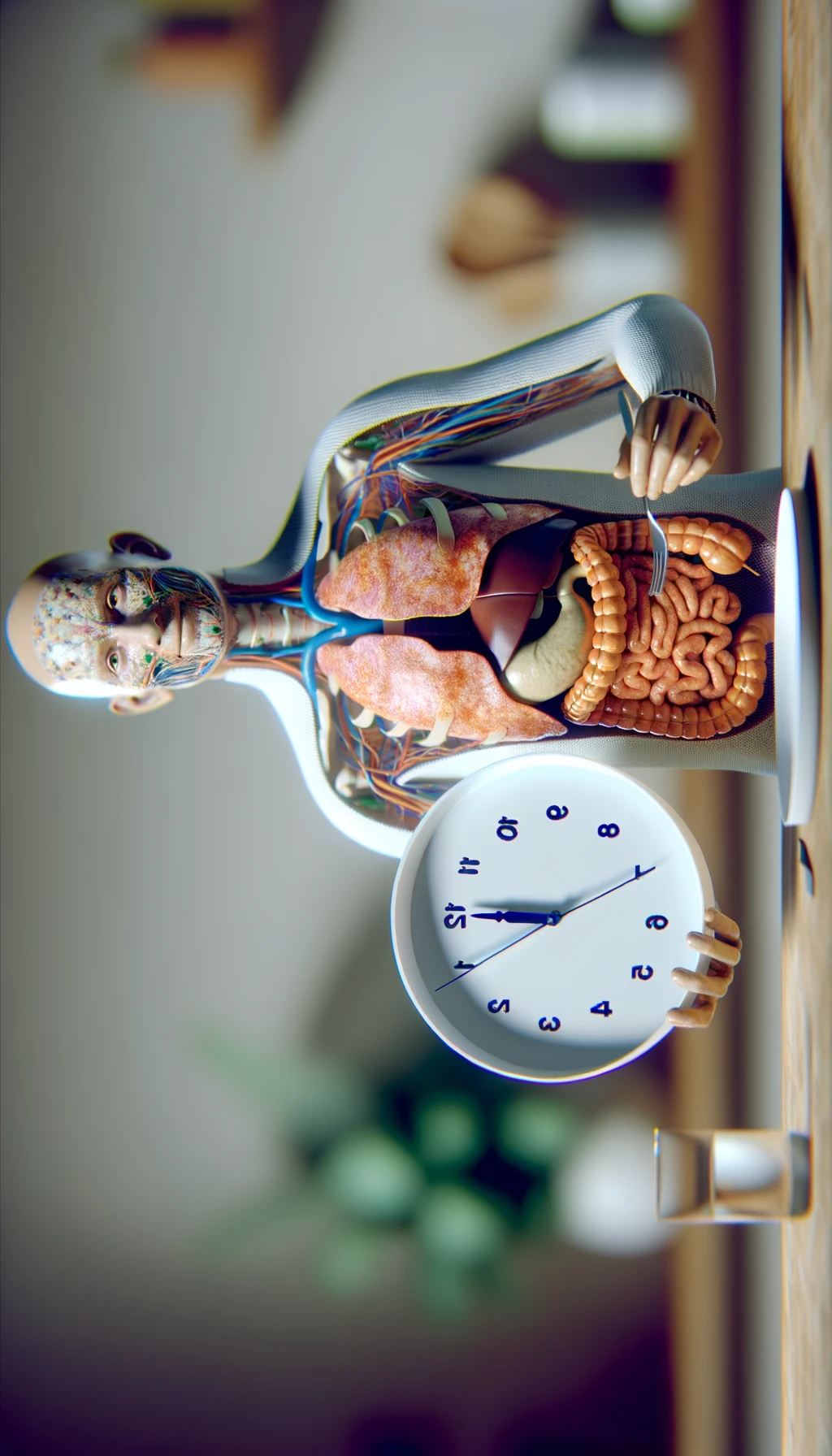 corpo umano anatomico con colori realistici e intestino in evidenza, che tiene in mano un piatto bianco con la lancette di un orologio sopra, figura visibile fino ai fianchi, espressione del volto soddisfatta, sullo sfondo la sua cucina sfocata con toni chiari neutri, iperrealistico 4k emoji