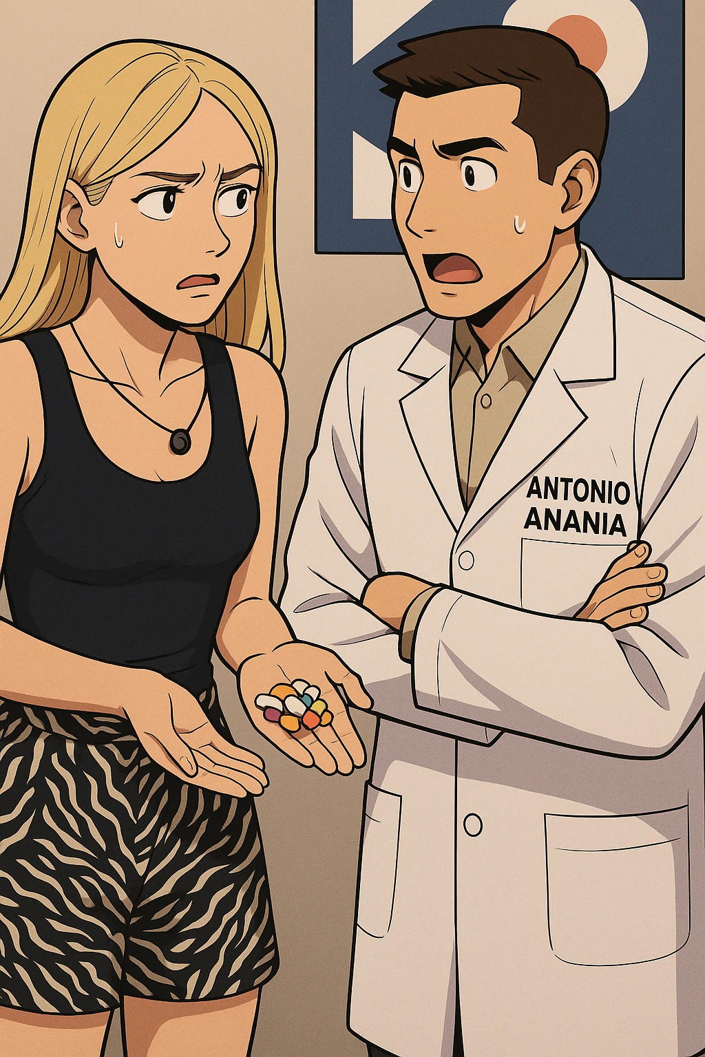 fai un webtoon/manga a colori con questo kinesiologo in camice bianco (fagli la scritta "ANTONIO ANANIA" SUL CAMICE) CHE PARLA CON QUESTA RAGAZZA. LA RAGAZZA HA UN PUGNO DI INTEGRATORI IN MANO (TANTE PILLOLE DIVERSE) E LE GUARDA DUBBIOSA. IL KINESIOLOGO CON IL CAMICE BIANCO LE DOMANDA UNA COSA SCIOCCATO. NON FARE I FUMETTI, FAI SOLO LORO COME SE DIALOGASSERO emoji