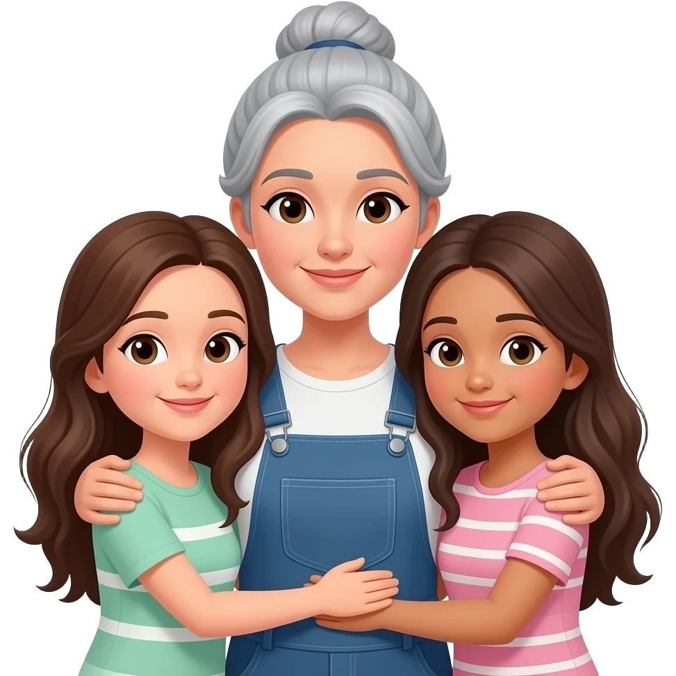 Madre  con  moño con canas y dos hijas pelo largo 13 y 15 años abrazadas emoji