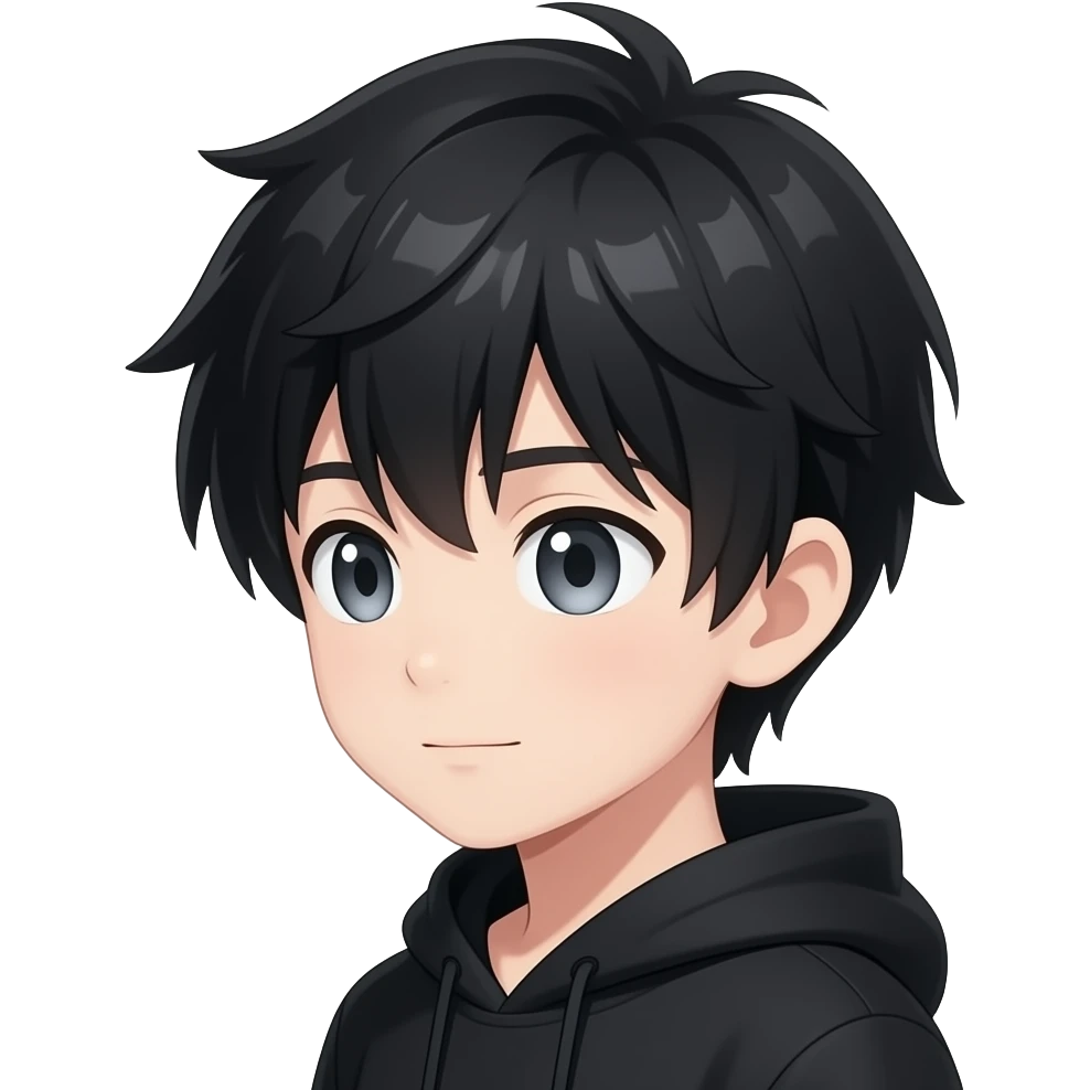 anime boy black hair white skin black clothing looking to the side a kid grey eyes glowing make it more anime cartoony style emoji