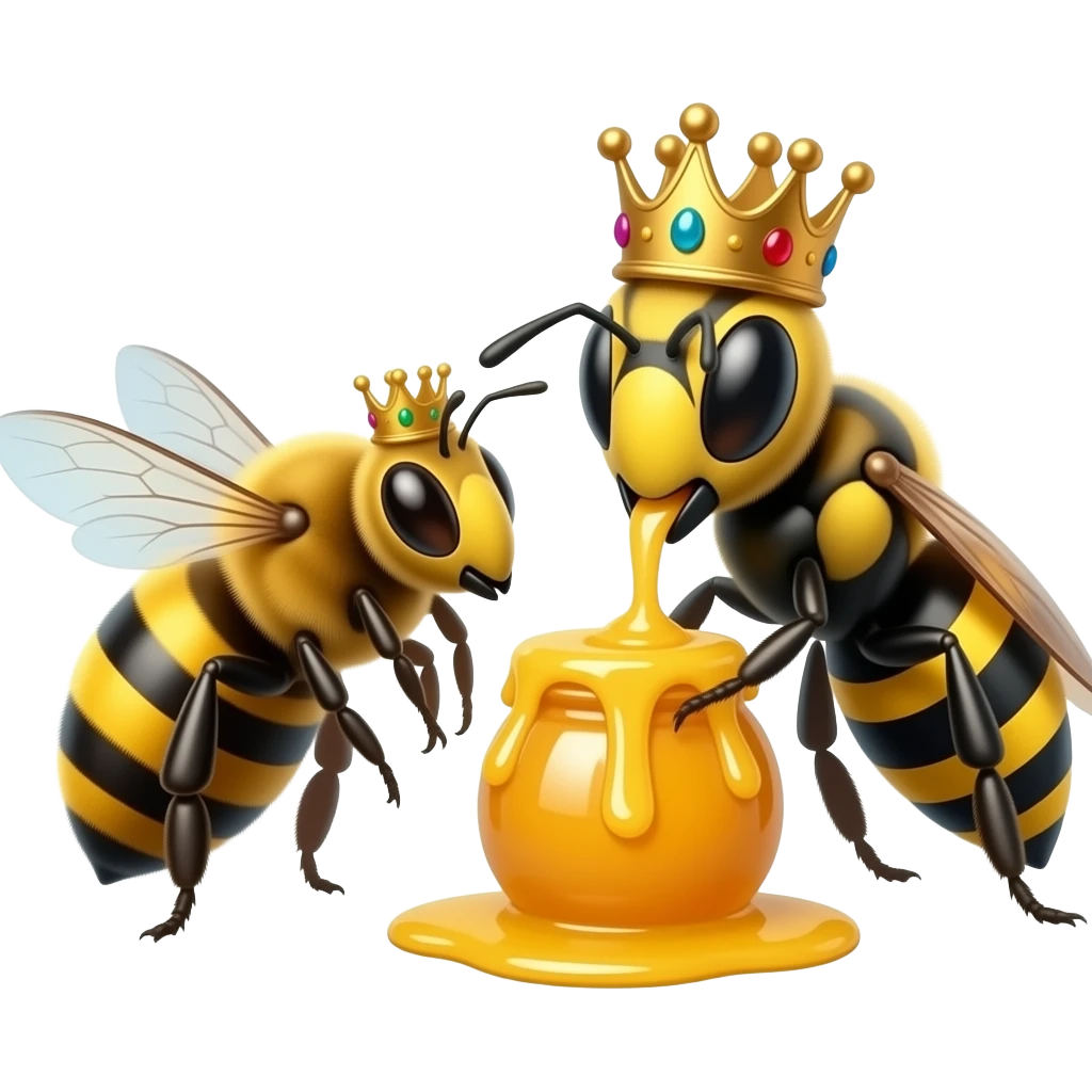 Make a Queen honeybee aith an crown and king Wasp with an crown eating honey emoji