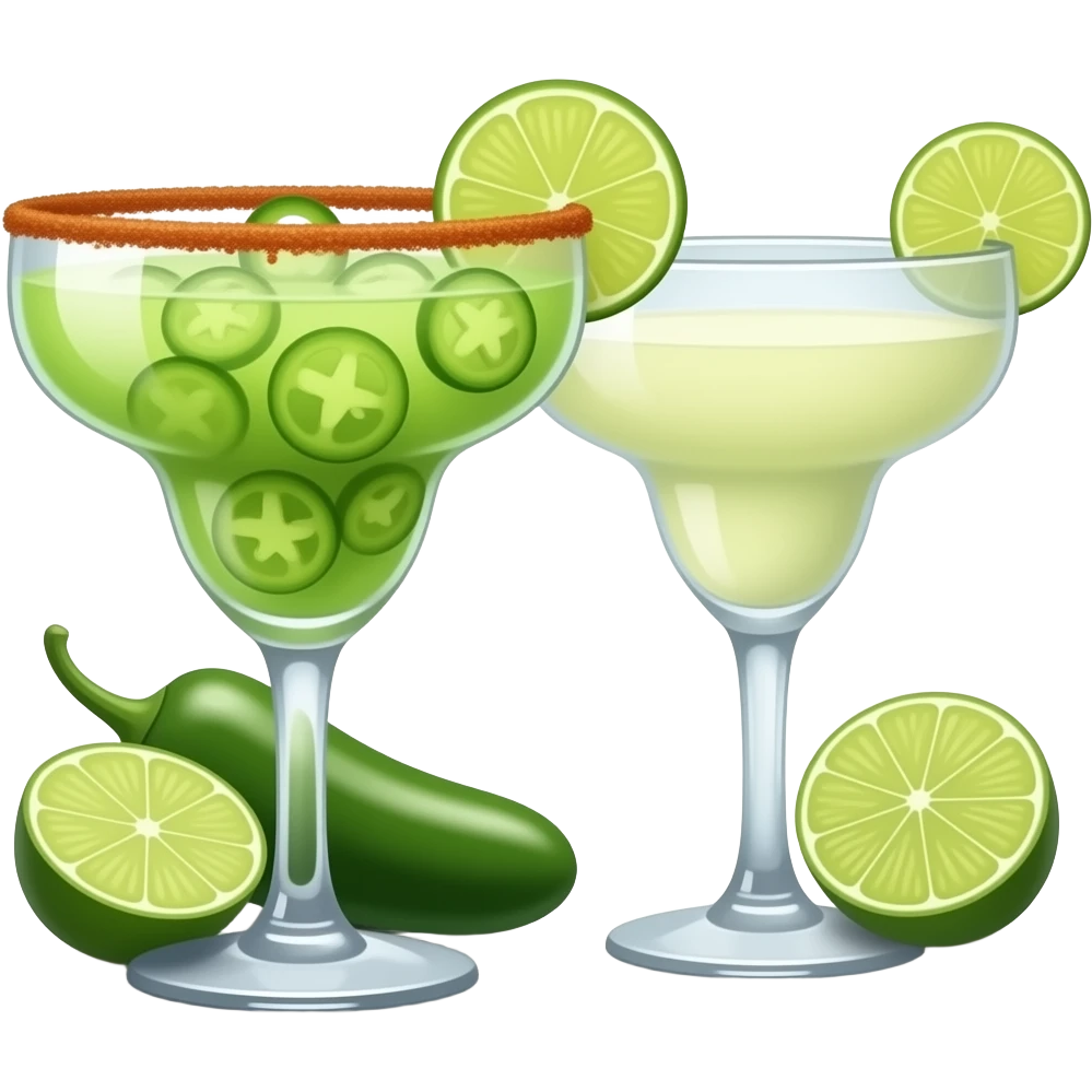 one spicy margarita, green marg with tajin rim, no garnish but jalepeno slices inside, and one regular margarita next to eachother and one regular margarita cheersing emoji