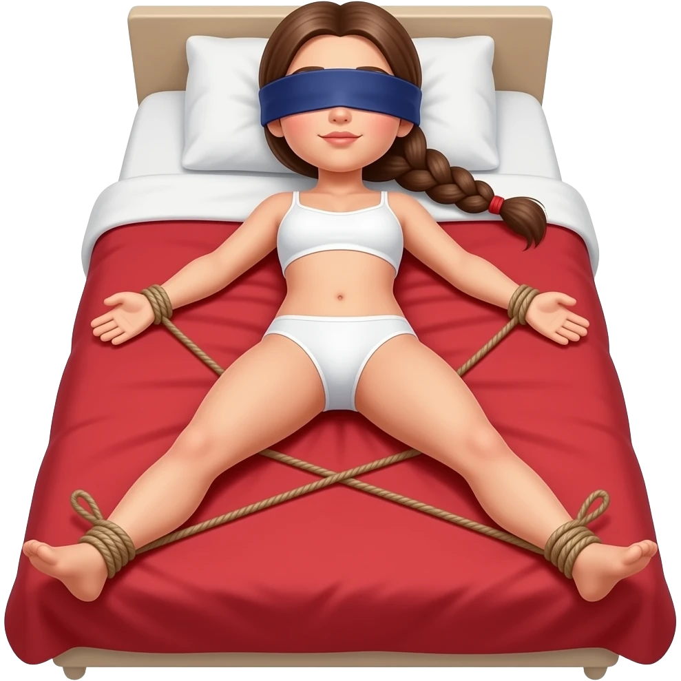 woman in blinfold, in tiny white underwear, braided ponytail, laying face down, arms and laegs tied apart, on red bed emoji
