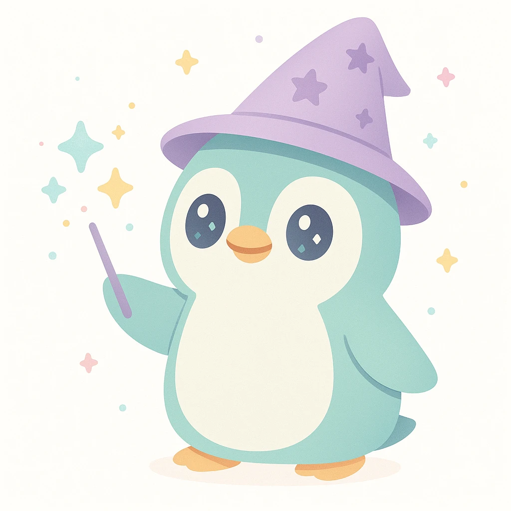 whimsical penguin wizard casting a spell with sparkles emoji