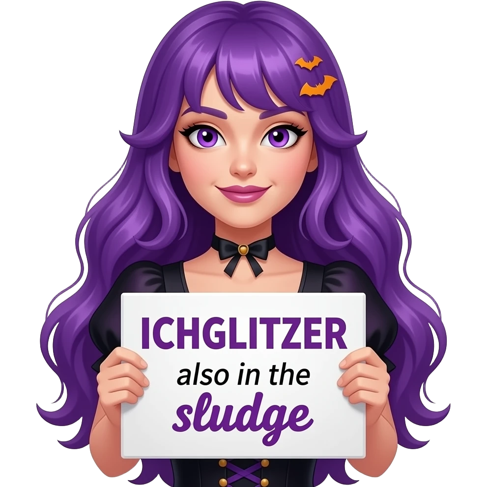 sexy girl with long purple hair and purple eyes wearing a halloween dress holding a ICH GLITZER auch im SCHLAMM sign emoji