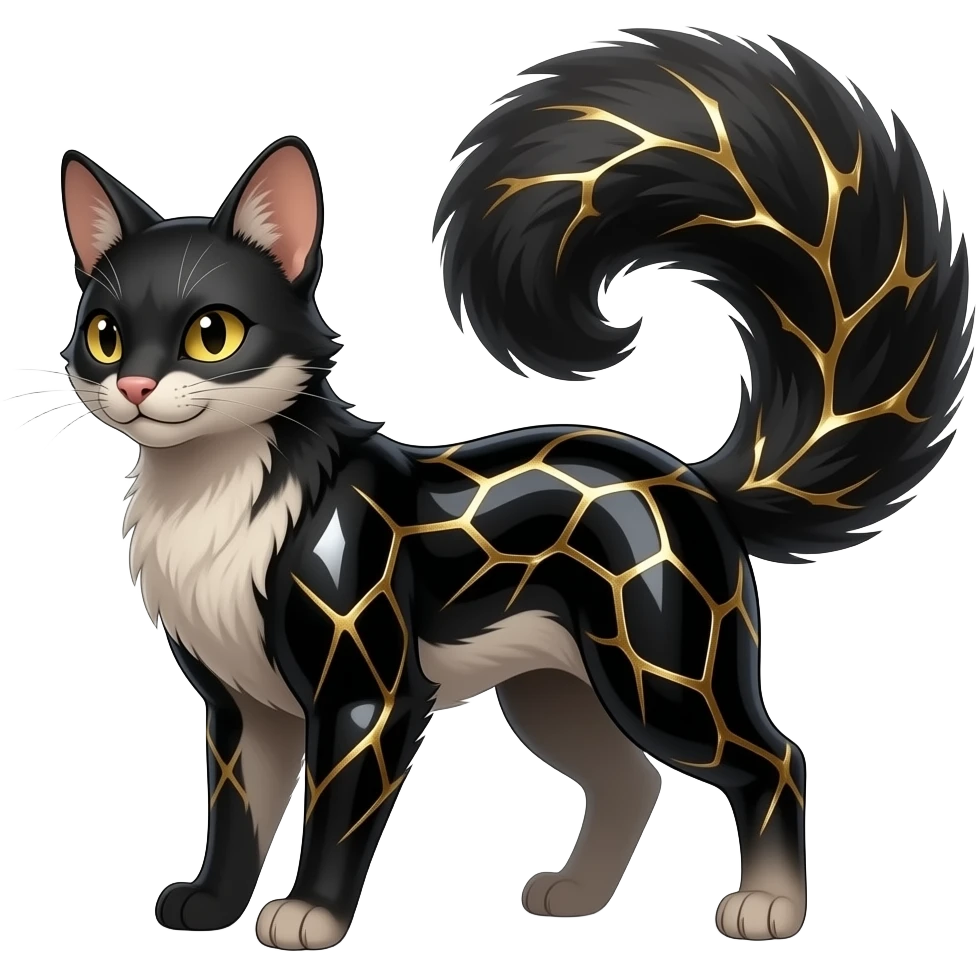 Hyper realistic obsidian fur etched with molten gold fault-lines and dark mirror shine beautiful elegant pretty precious cute Fakémon-Pokémon-opossum-feline-serval-caracal-chinchilla-Furret-Minccino-hybrid-creature with a big fluffy bushy tail (full body) emoji
