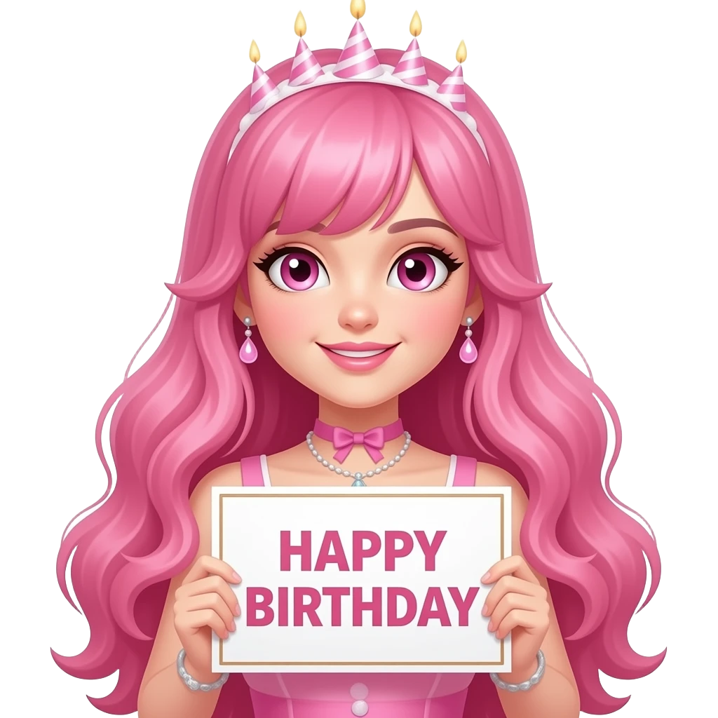 sexy girl with long pink hair and pink eyes wearing birthday dress holding a HAPPY BIRTHDAY sign emoji