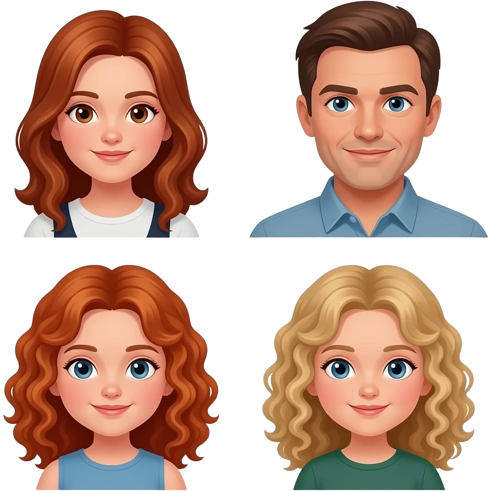 White Mom red-brown hair and brown eyes , brown hair Dad with blue eyes,  blonde really curly hair 8 year old girl with brown eyes,  a Red curly hair 12 year old Girl with blue eyes, and blonde curly hair 5 year girl emoji