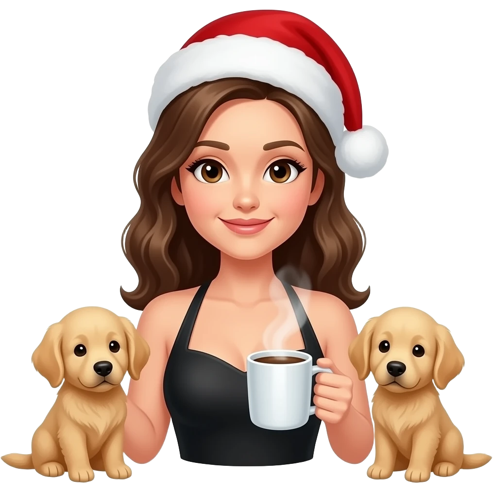 Christmas event planner in halter dress, coffee drinker, loves golden retriever puppies emoji