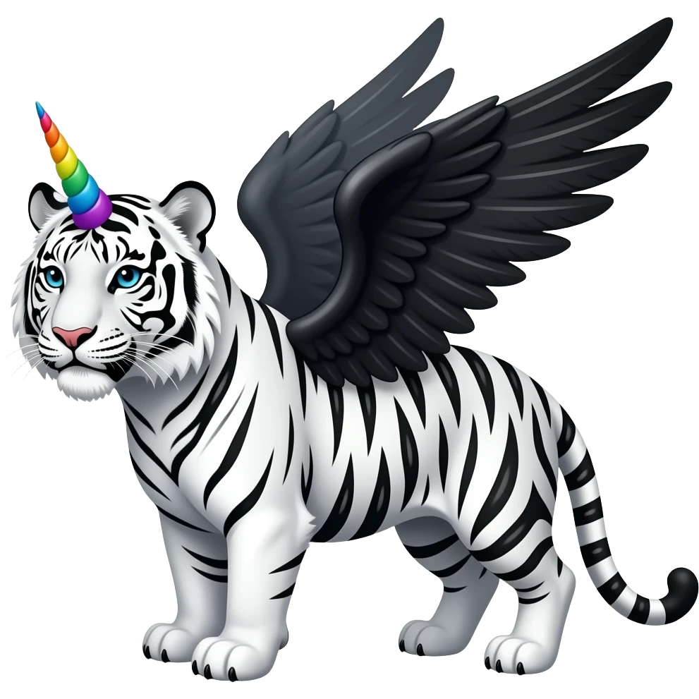 white tiger with rainbow unicorn horn and black wings emoji