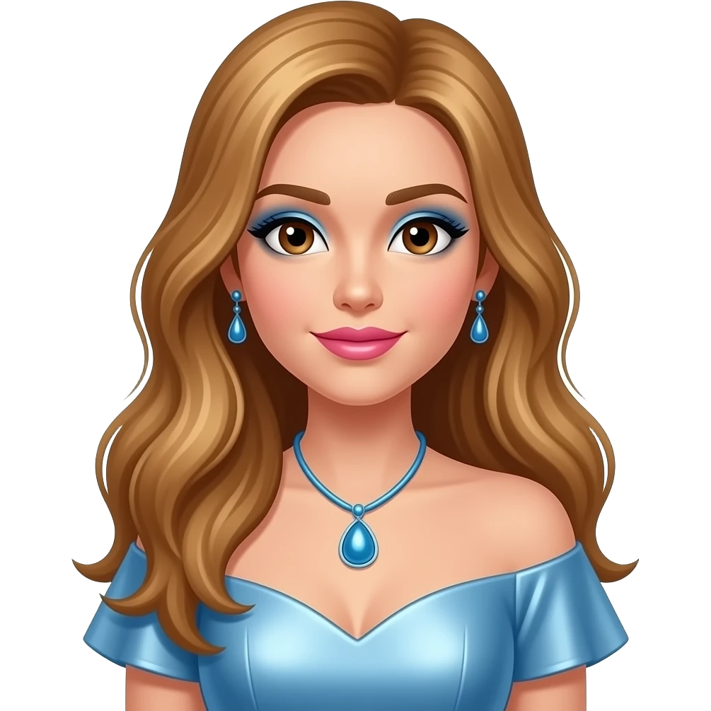 GloomyKassie with brown eyes, long golden brown hair, blue eyeshadow, pink lipstick, light blue metallic off-shoulder dress, blue necklace and earrings emoji