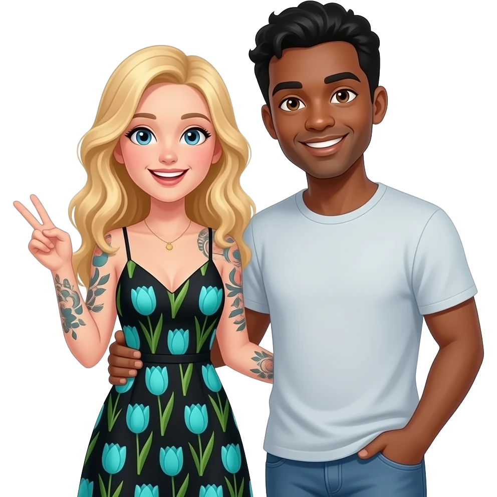 Blonde girl with blue eyes tattoos arms wearing a black summer dress with teal tulips and African American man with black hair with brown eyes  having fun together emoji