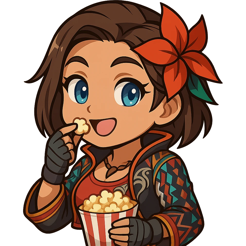 Azucena from Tekken 8 in chibi sticker style, eating popcorn with an amused expression, wearing the detailed red and patterned outfit from the reference images, designed for Twitch emote use. emoji