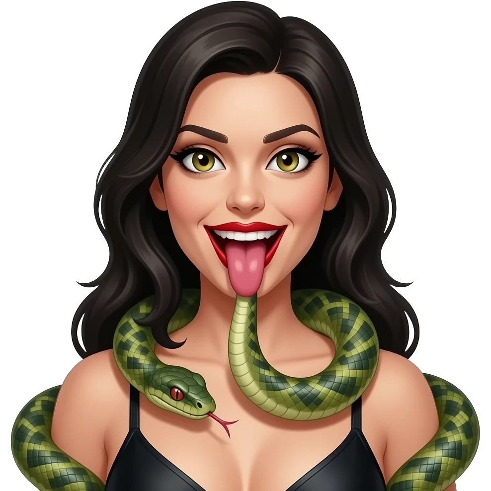 Prostitue with a snake tongue crawling around her body ,and reptilian eyes wearing red lipstick and has an evil smile lust emoji