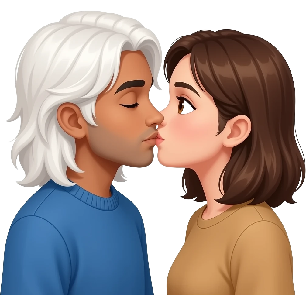 Brown Pakistani boy with no facial hair, long white shoulder-length hair, wearing a blue sweater, and a tan-toned young woman with almond shaped hazel eyes and shoulder-length brown hair are kissing emoji
