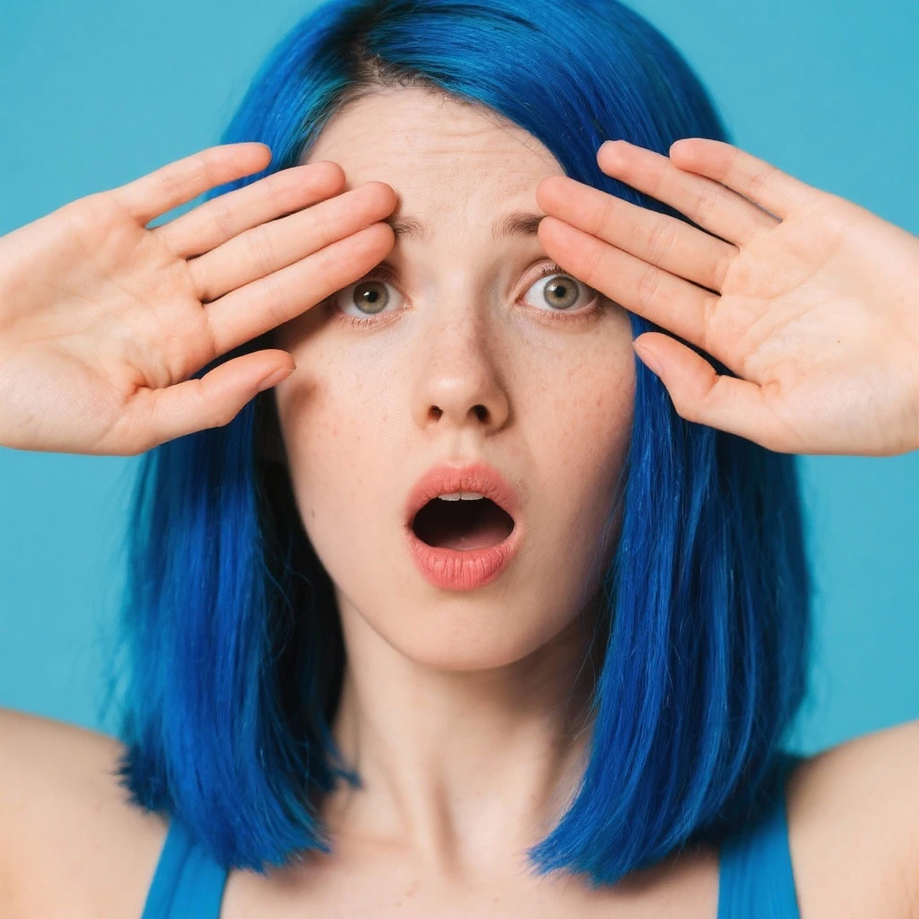 Woman with blue hair with hands over her eyes in disbelief  emoji