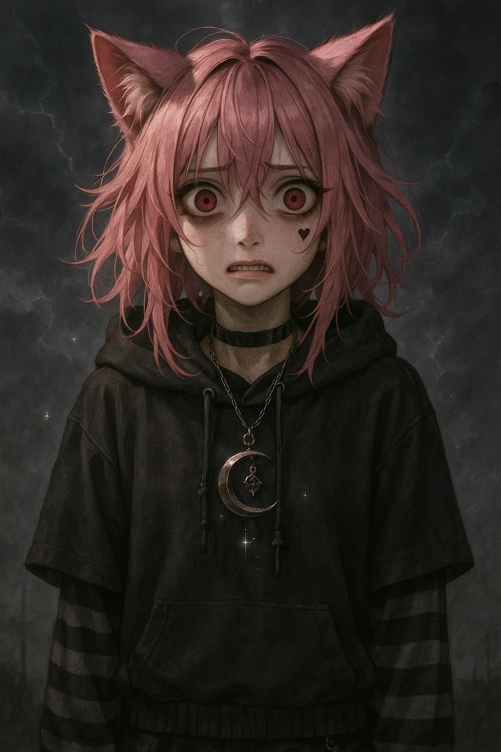 realistic anime catgirl with pink hair, emo streetwear, heart tattoo under left eye, dark magical accessory, sparkles, stormy background, subtle horror expression with wide eyes and tense mouth emoji