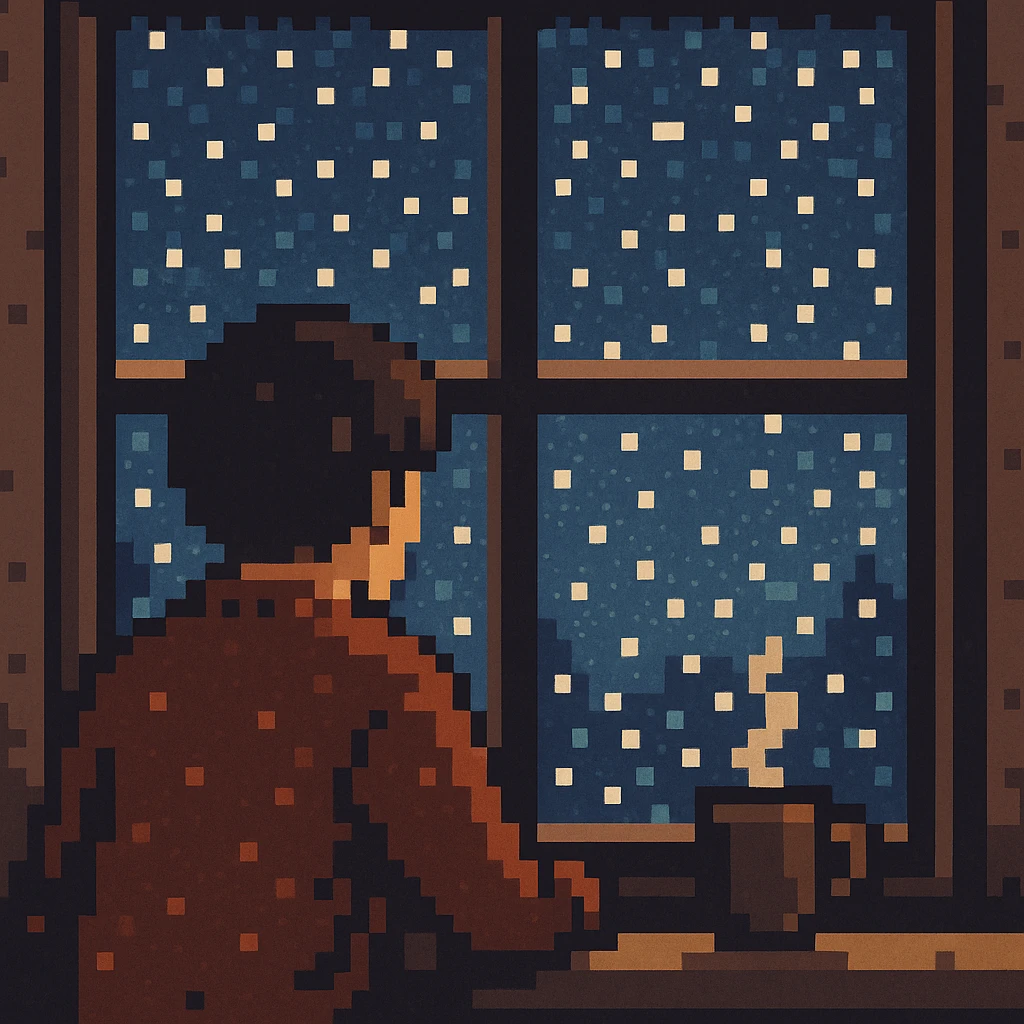 pixel art style scene of a person watching snow fall outside emoji