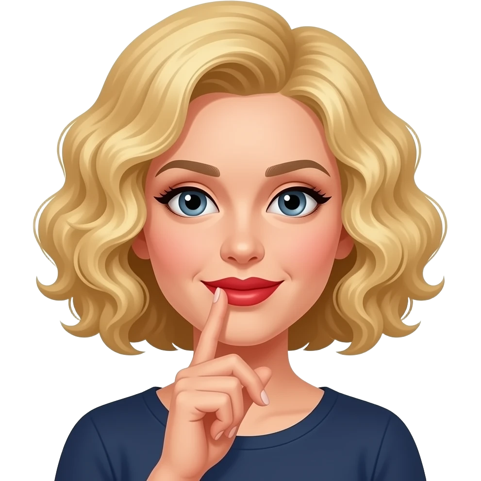 short blonde tight curly hair bob looking holding subtitles in red lipstick emoji