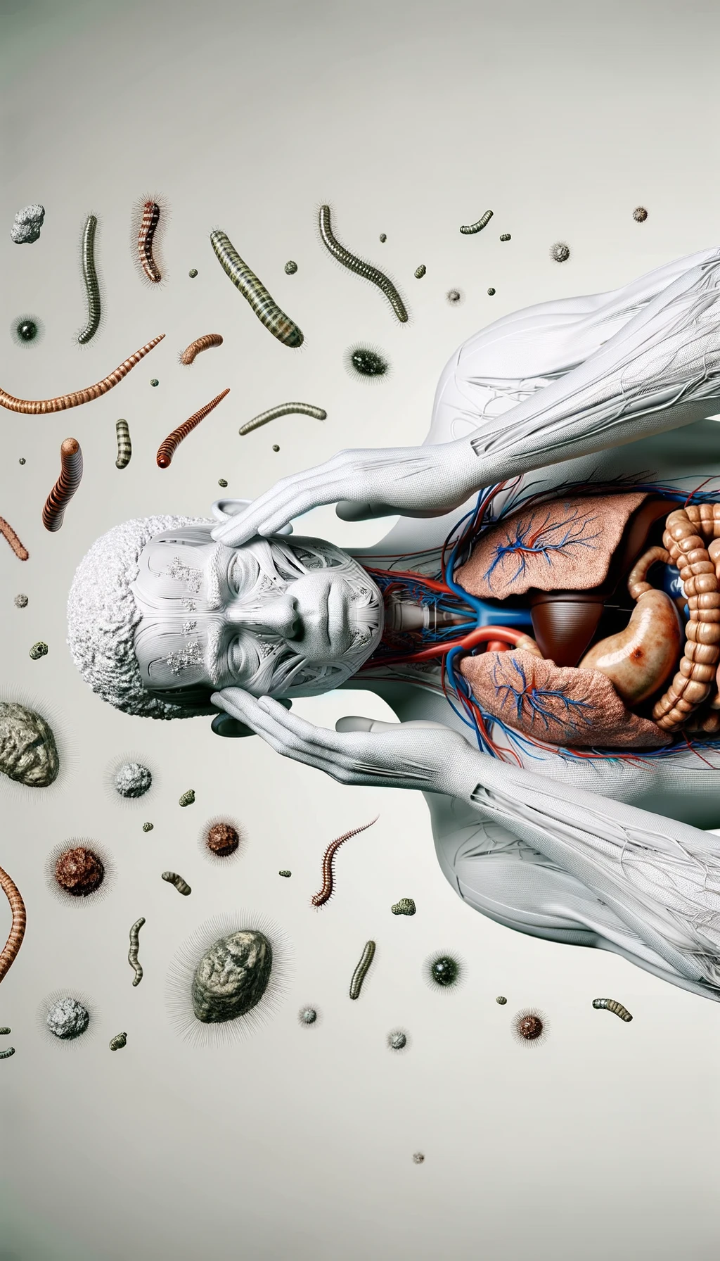 CORPO UMANO ANATOMICO CON MANI SULLE TEMPIE STRESSATO, INTORNO A LUI FLUTTUANO PARASSITI COME LA TENIA, INTESTINO E CERVELLO ANATOMICI IN EVIDENZA, SFONDO CHIARO NEUTRO, IPERREALISTICO 4K emoji
