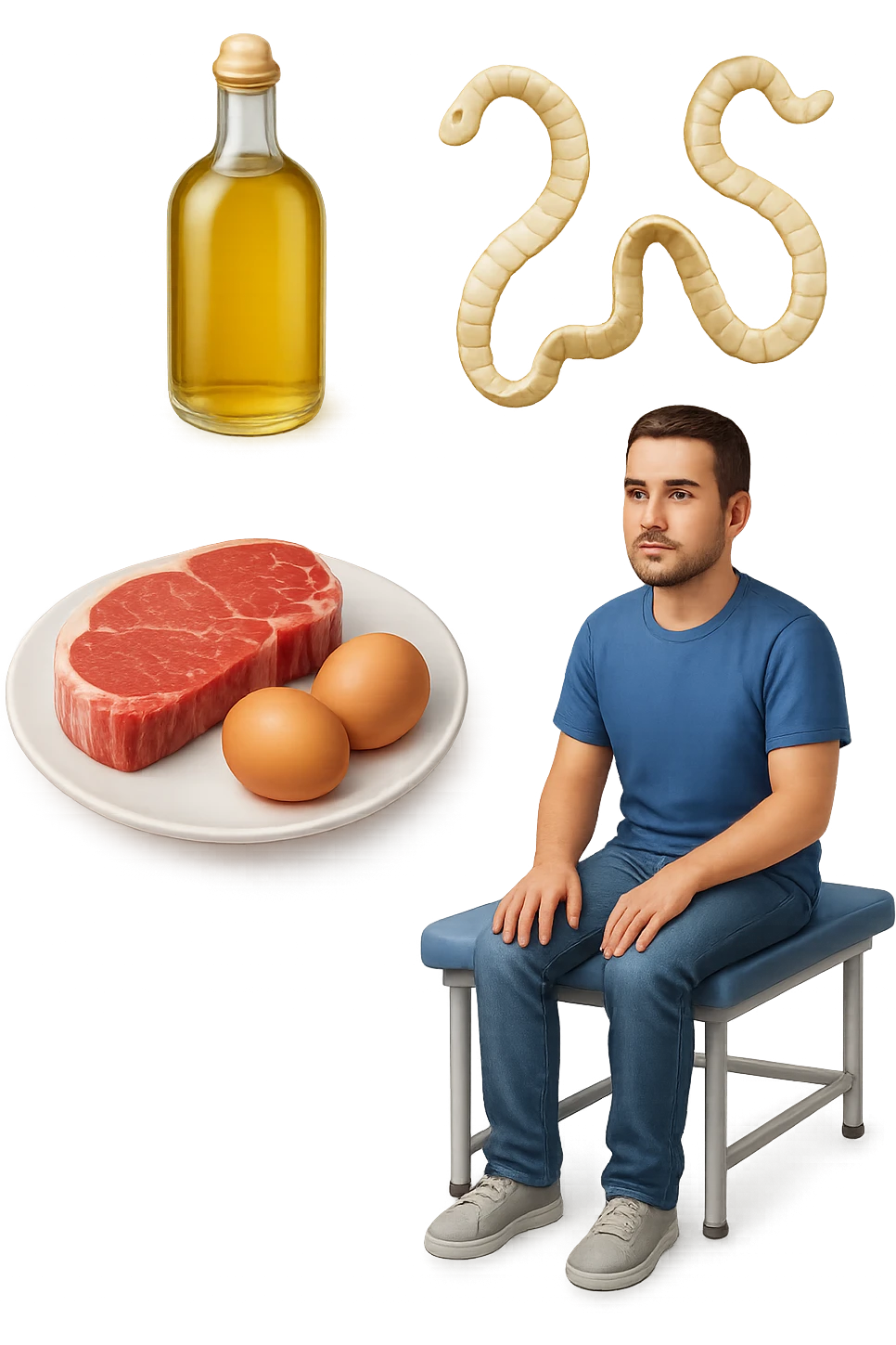 emoji stile iphone di UN PIATTO CON CARNE ROSSA E UOVA, UNA BOTTIGLIA DI OLIO DI SEMI, DUE PARASSITI TIPO LA TENIA, UOMO SEDUTO SU UN LETTINO DA FISIOTERAPISTA, IPERREALISTICO 4K emoji