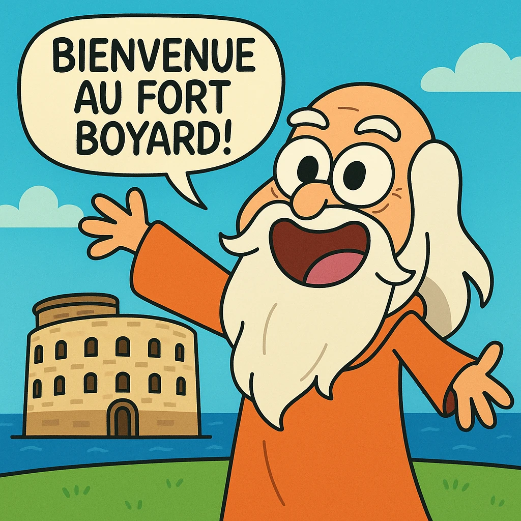 Père fouras  de fort boyard qui cri bienvenue au fort boyard // style enfantin dessin animé cartoons américain style gumball emoji