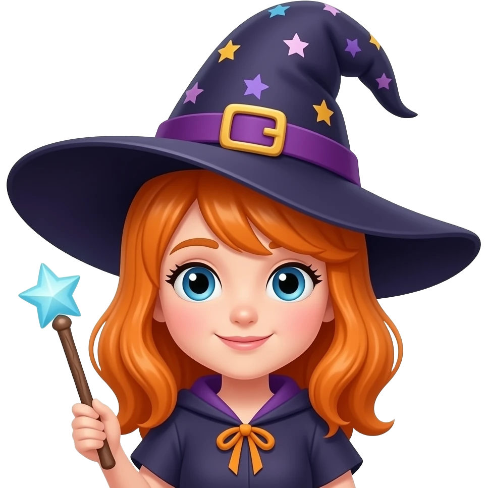Girl with wizard hat and wand with orange hair emoji