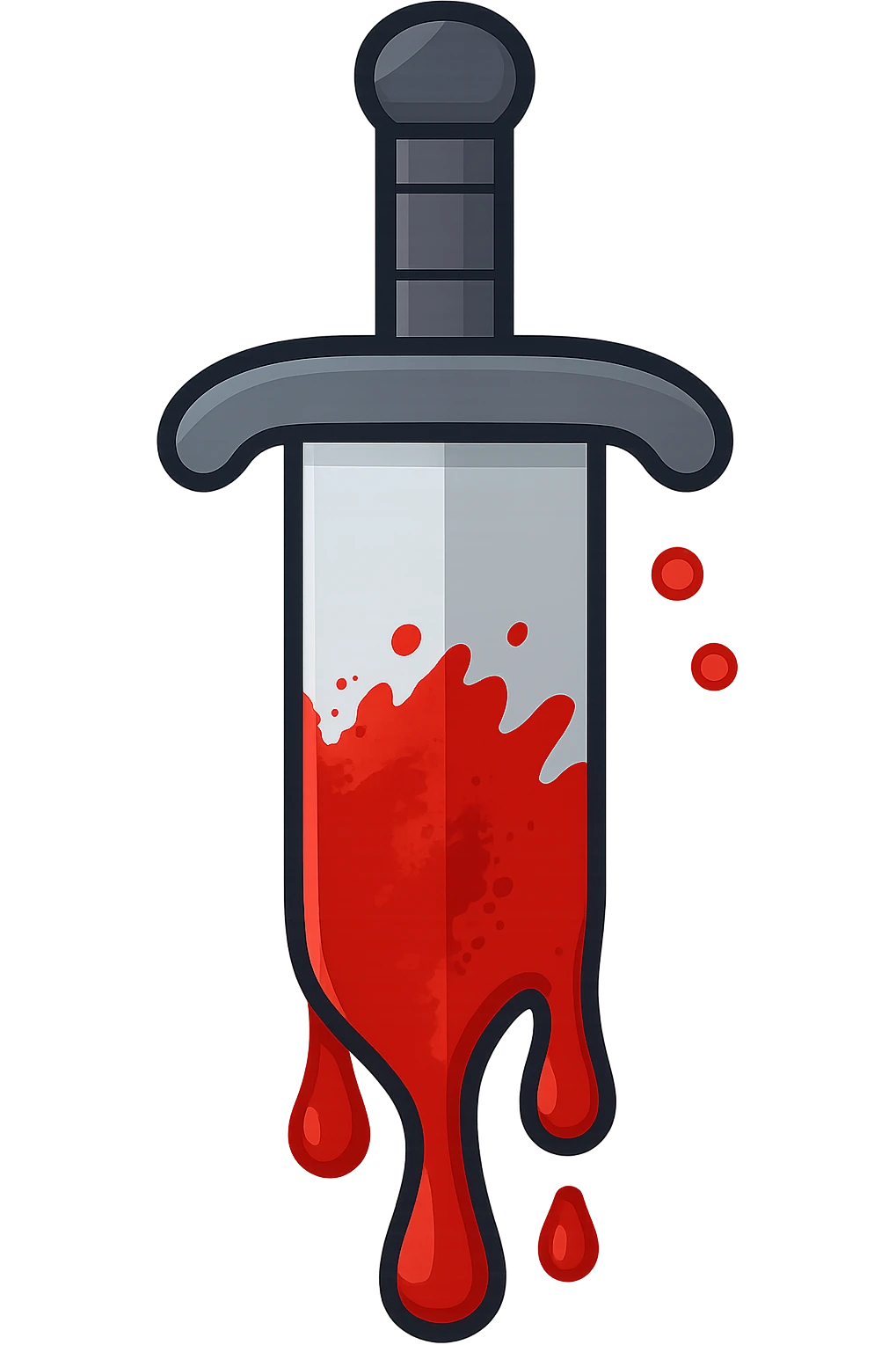 Render a sword exactly as shown in the reference image, perfectly vertical. Make the blade 50% wider with a steel finish. Add vivid wet blood splatter covering the bottom half of the blade, with fewer but very large and prominent blood drips. The style should emulate Emoji style with a transparent background. emoji