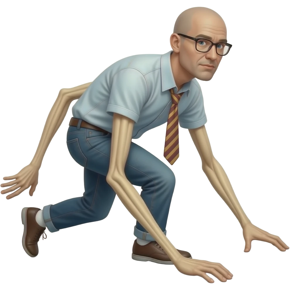 tall bald man with glasses with abnormally long limbs stalking emoji