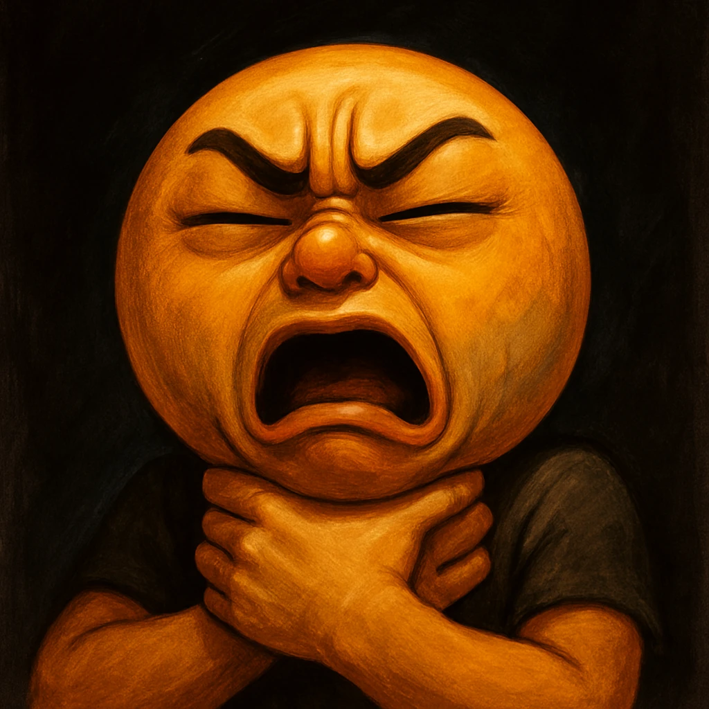 person choking themselves out, dramatic, hands tight around neck emoji emoji