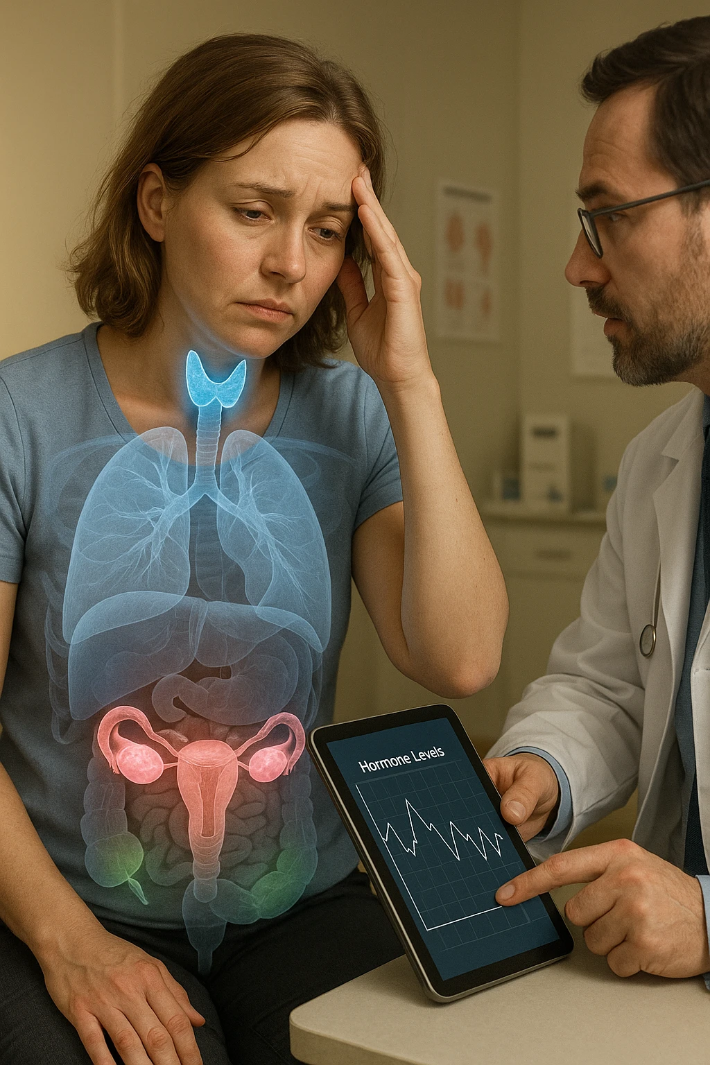 Realistic, vertical medical scene: a woman sits in a doctor’s office, looking fatigued and concerned. A semi-transparent overlay shows her internal organs, with the thyroid, ovaries, and adrenal glands glowing or pulsing in different colors to indicate hormonal imbalance. The doctor points to a digital tablet displaying fluctuating hormone levels. The mood is informative and empathetic. emoji