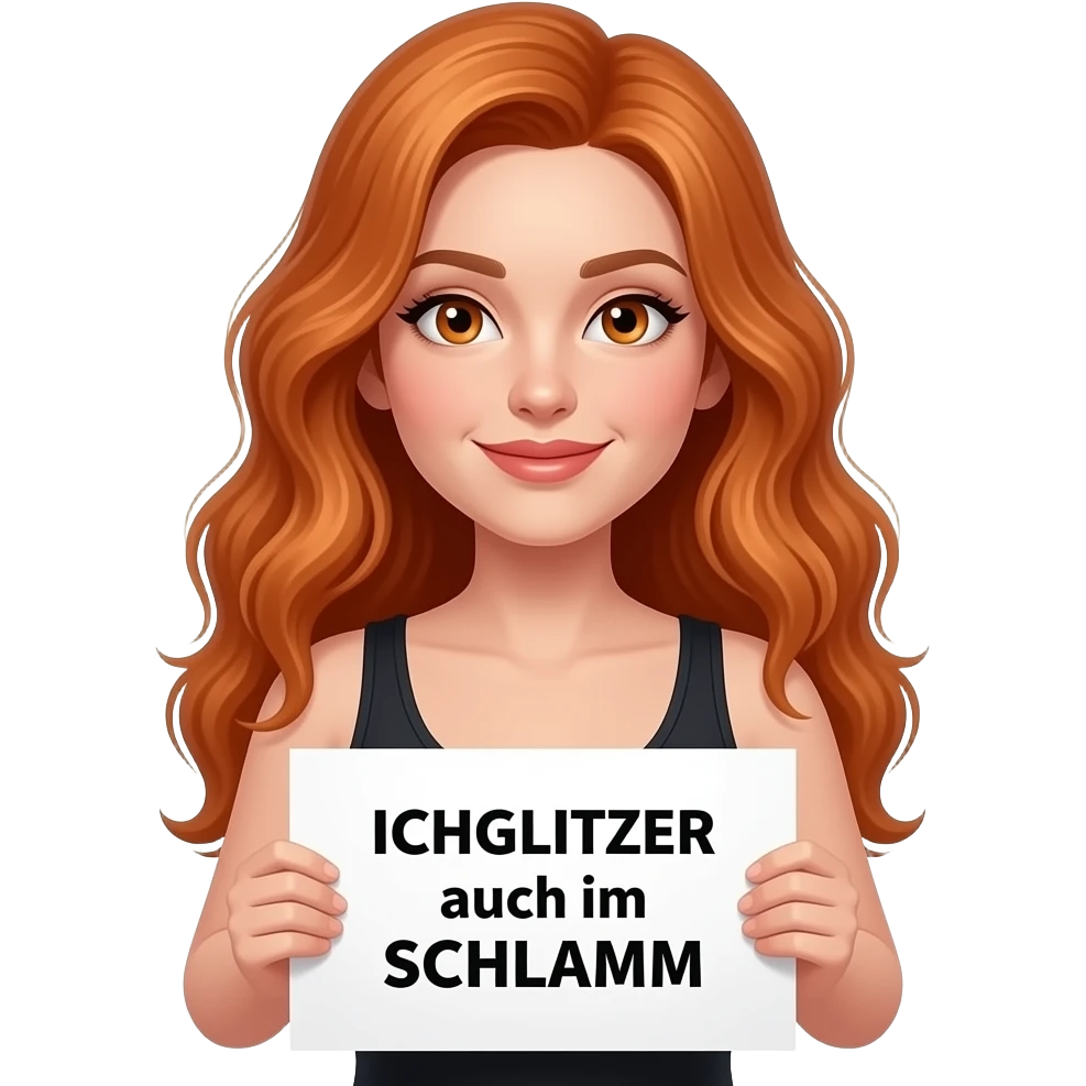 sexy girl with long wavy ginger hair and ginger eyes wearing a black tanktop is holding a white colored sign with ICH GLITZER auch im SCHLAMM written on it emoji