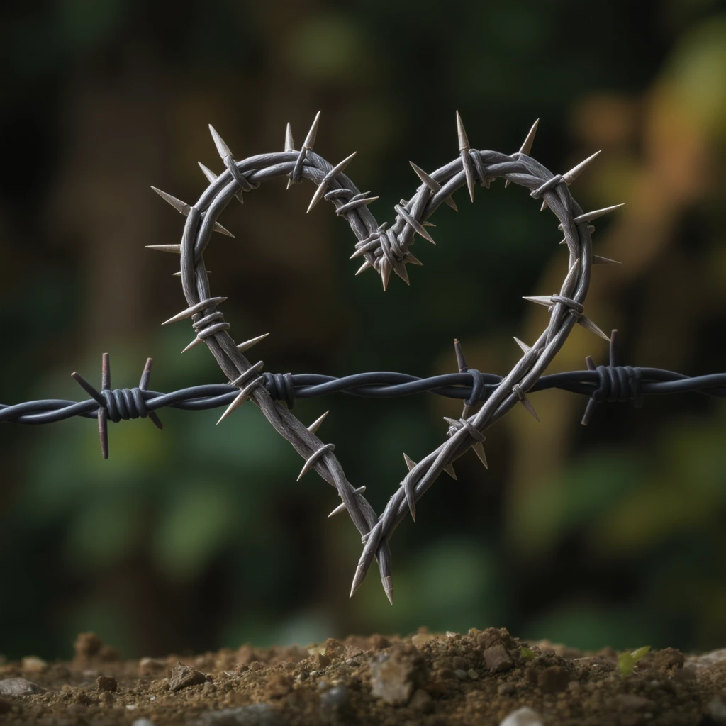 a heart made of barbed wire, realistic style, detailed, photorealistic emoji
