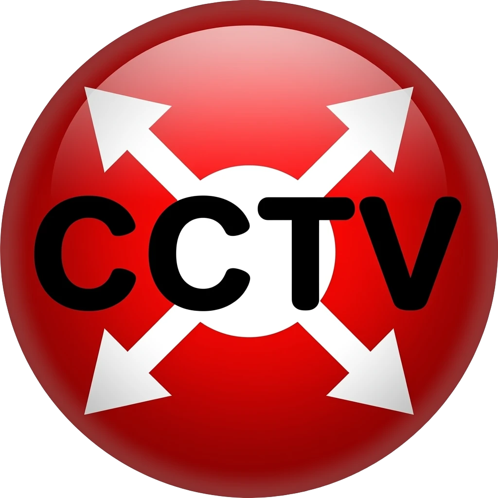 Red filled circle with white X and arrow on all end points on the X white circle in the middle. Biggest possible CCTV word across centre in black emoji