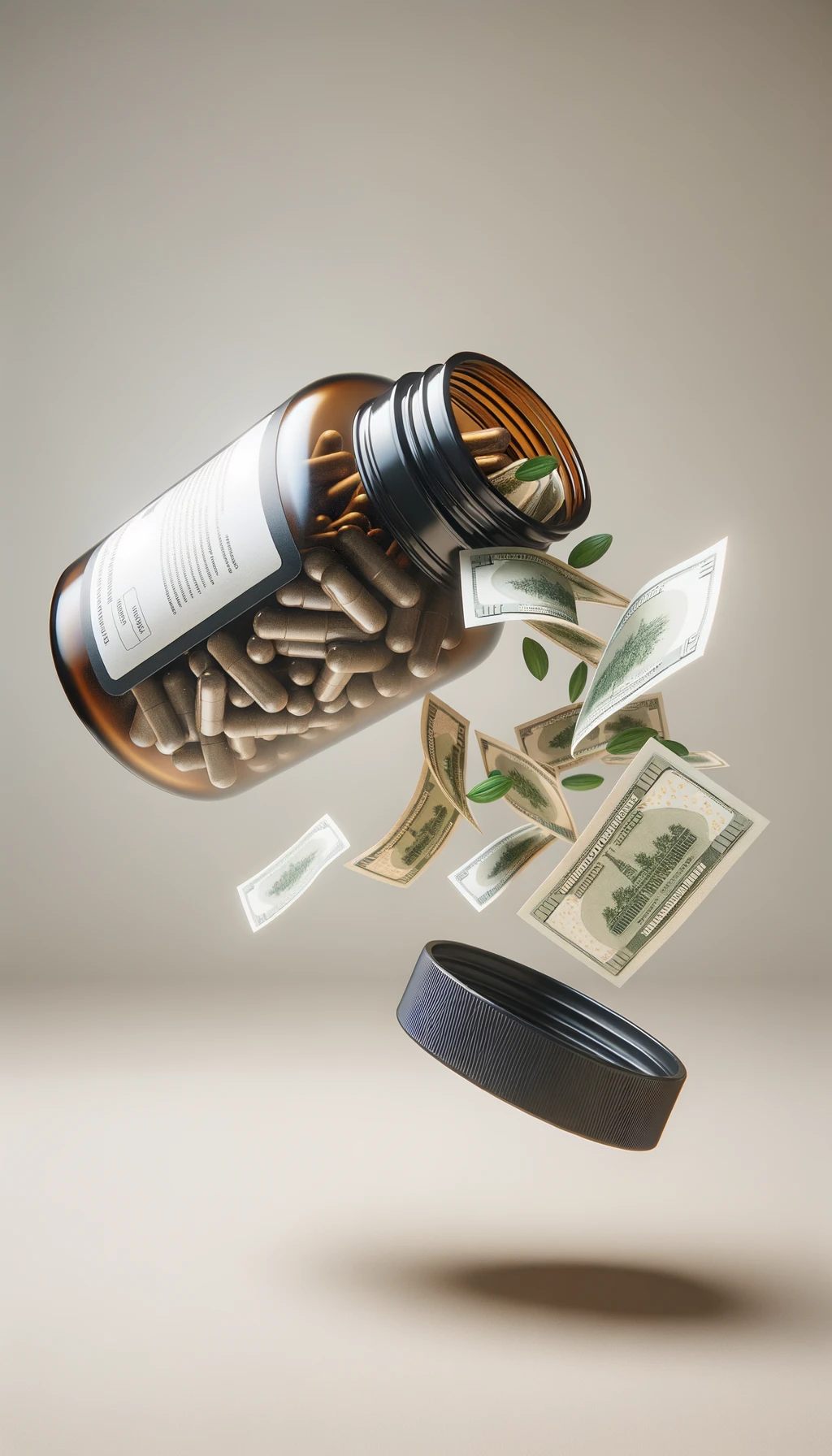 boccetta di integratore fluttua in aria, dalla boccetta aperta escono delle banconote, sfondo neutro chiaro, iperrealistico 4k emoji