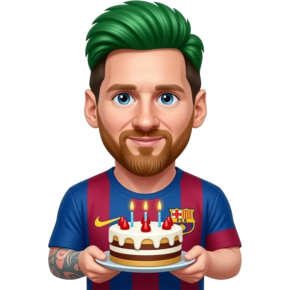 Messi have a green tall hair and holding cake emoji
