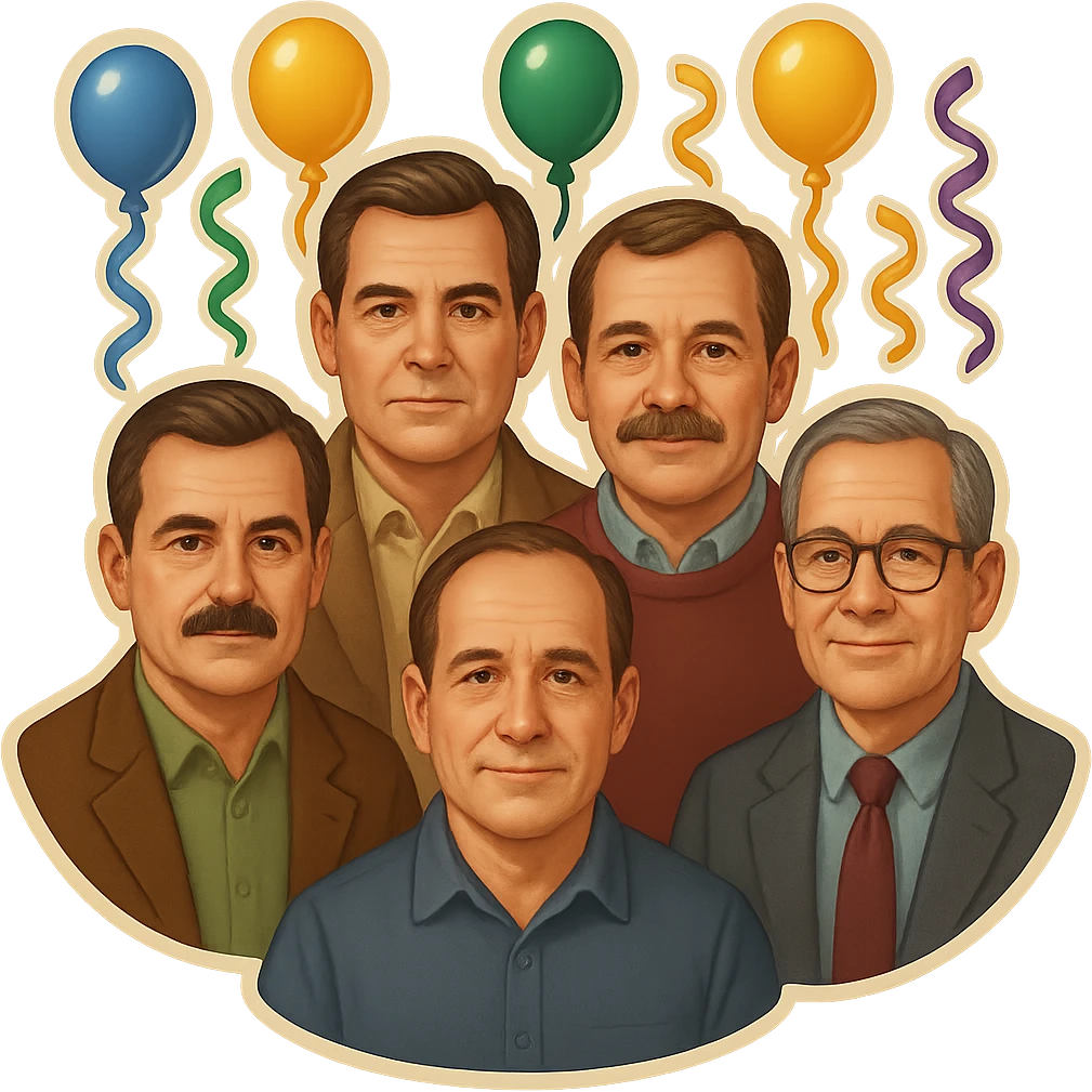 Make the six cats look more like men in their forties, with subtle masculine facial features, mature expressions, and hints of age, while keeping the festive birthday party emoji style. Preserve the transparent background. emoji