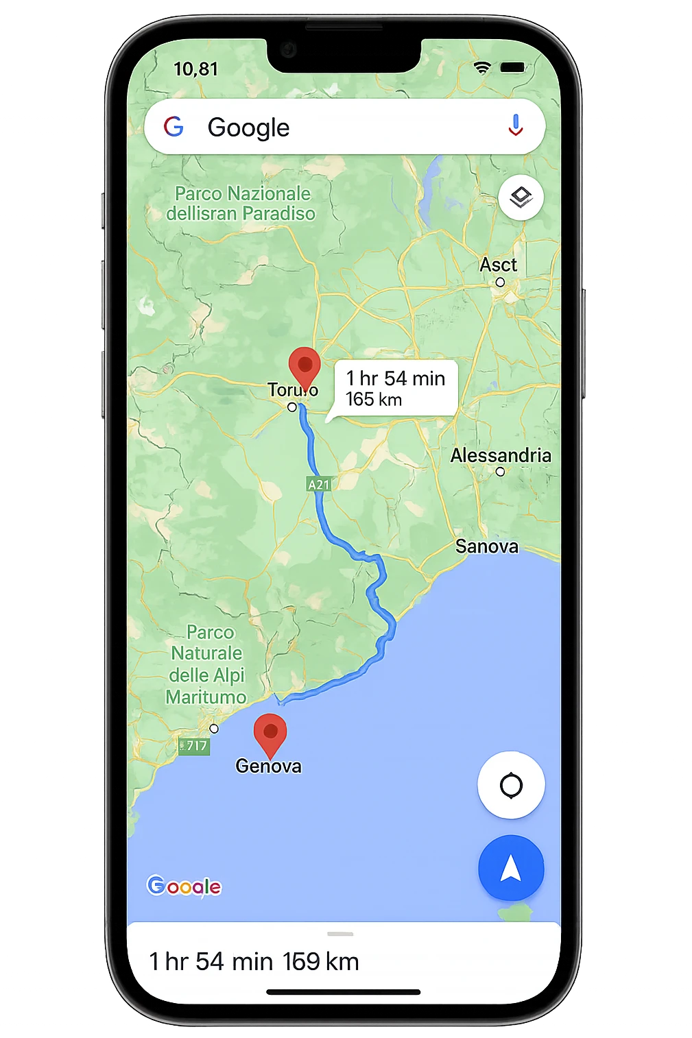 IPHONE CON GOOGLE MAPS APERTO, PARTENZA DA TORINO, ARRIVO A GENOVA emoji