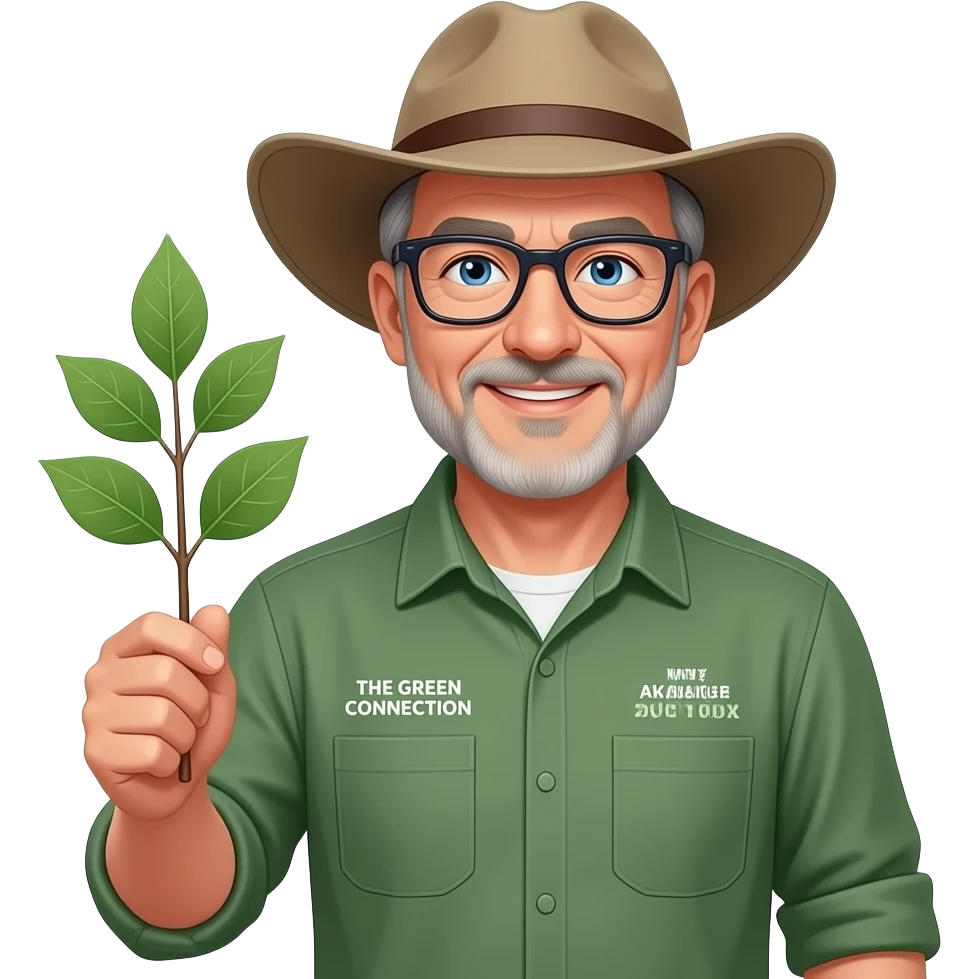 middle-aged man blue eyes. Dark rectangle glasses, in a green-collared, long-sleeve shirt.  Flatter wider-brim Australian Akubru hat. Holding a small sapling tree. Insert 'THE GREEN CONNECTION' in white directly onto the left pocket & onto the right pocket, place only the words 'MY TREE DOCTOR' emoji
