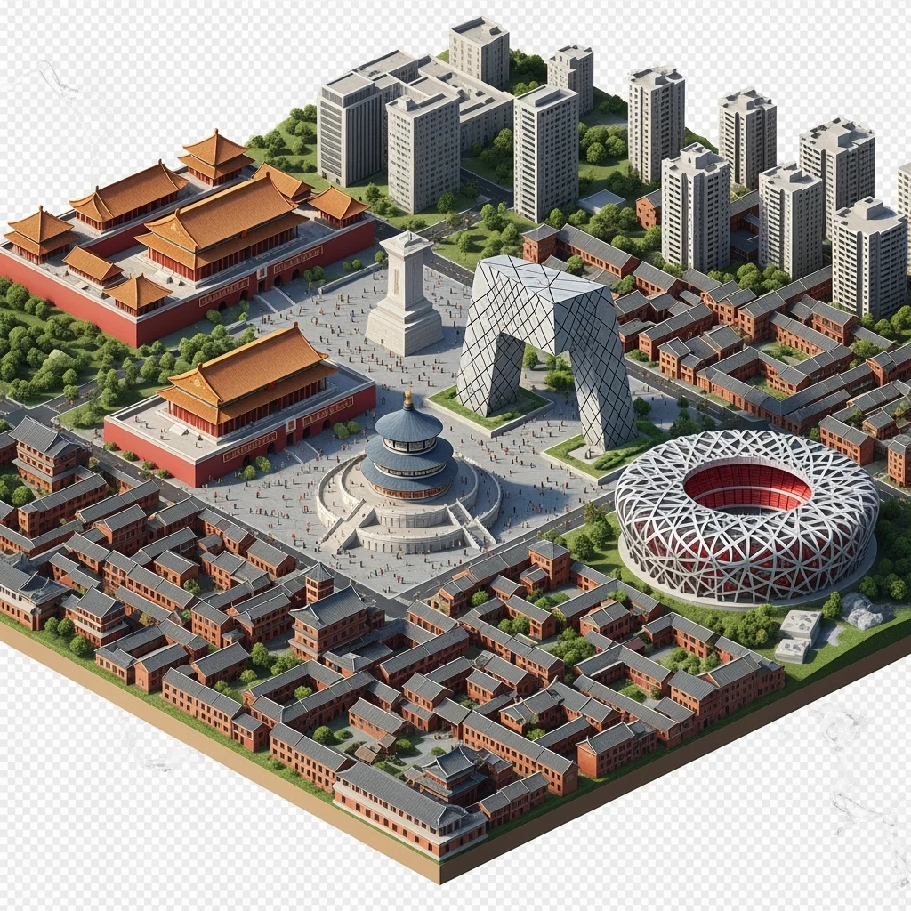 Isometric miniature of Beijing Forbidden City, Tiananmen Square, CCTV Headquarters, Temple of Heaven, Bird’s Nest Stadium and crowded hutong alleys, sprawling apartment blocks, 3D miniature effect and Tilt Shift effect, no cartoonish look, transparent background. emoji