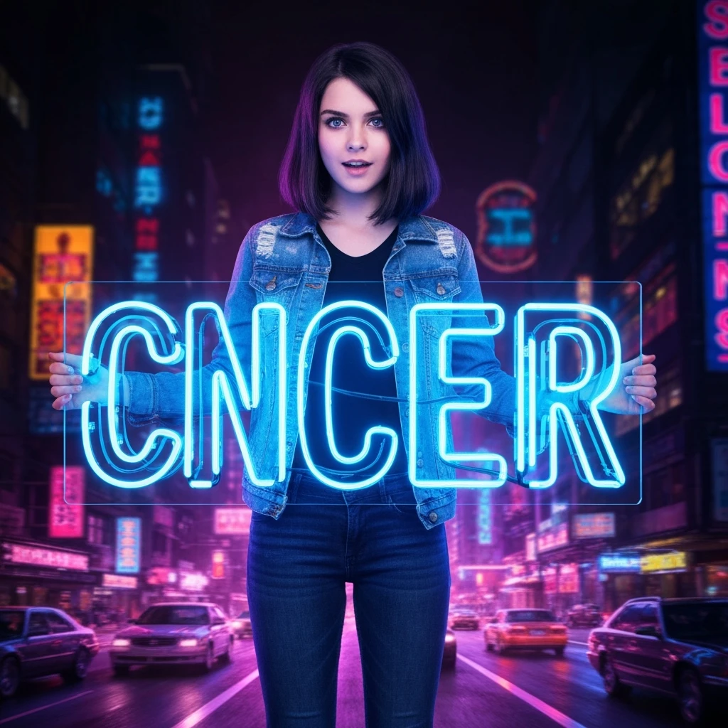 make a girl holding this sign, but sign in made of neon, also add fast below the sign emoji